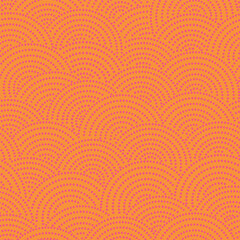 Fish-scale irregular mosaic background. Seamless Japanese style Half-circle grid dotted pattern. Oriental Asian wavy ornament. Abstract geometric monochrome vector texture. © Evgeniya Khudyakova