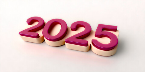 3D text "2025" made of pink and white plastic on a plain background