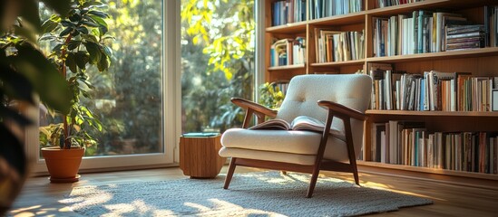Fototapeta premium Cozy living room with a large window, a comfortable armchair, a book, a bookcase filled with books, and a potted plant.