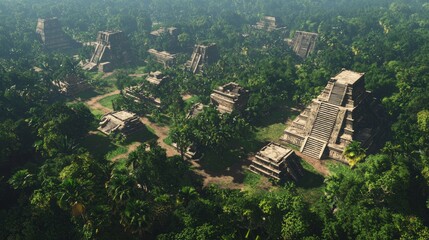 Naklejka premium Awe-Inspiring Aerial View of Ancient Mayan City in Dense Jungle Canopy