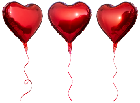Red party heart shaped balloons with isolated against transparent background. Valentine's day concept