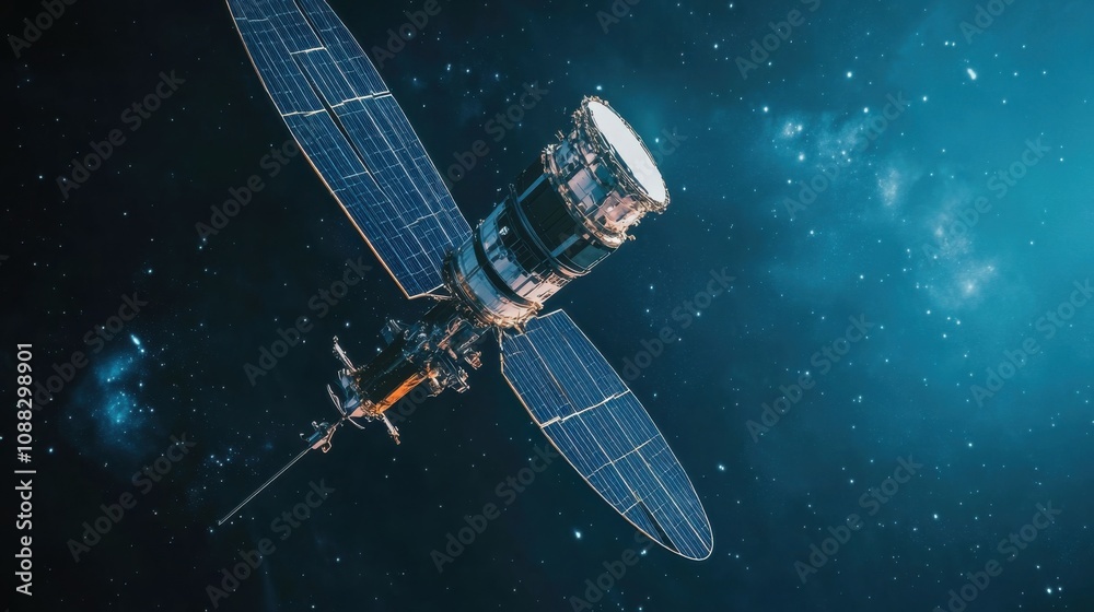 Poster An extreme close-up of a quantum communication satellite payload, demonstrating secure quantum key distribution in space, Quantum communication technology style