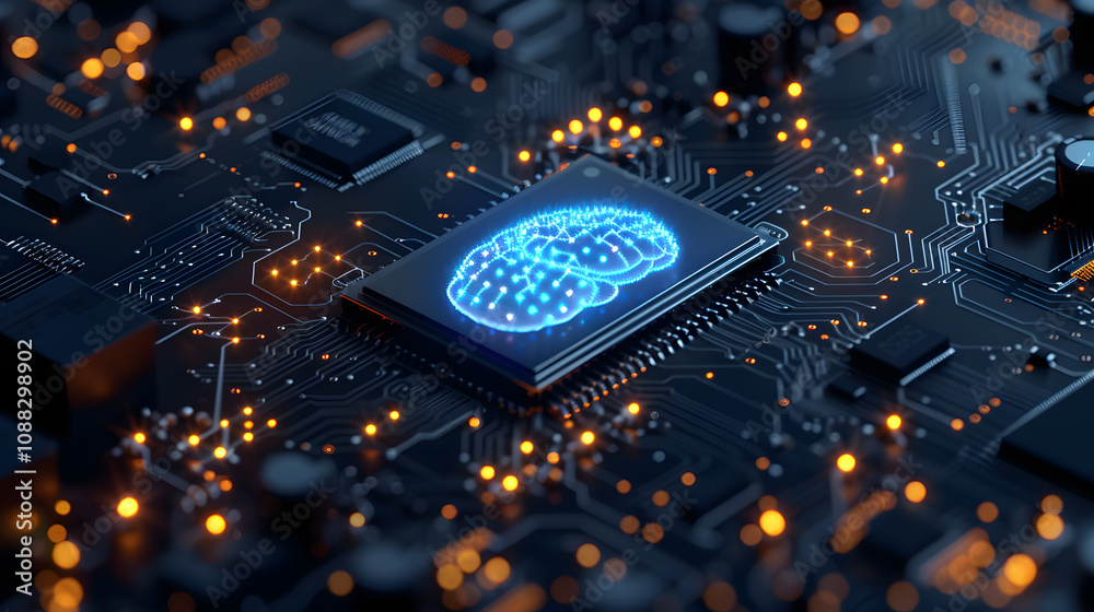 Aufkleber artificial intelligence hardware concept. glowing blue brain circuit on microchip on computer mother