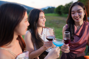 Asian women celebrate, meet and talk in bars. Tourist attractions, beautiful lights