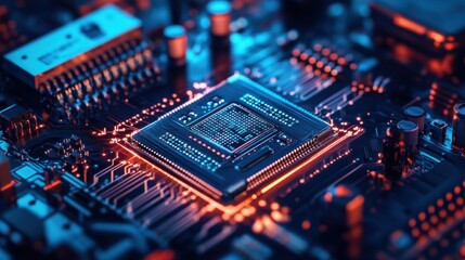 An extreme close-up of a quantum computing processor, showing intricate quantum bits and quantum entanglement phenomena, Quantum computing style