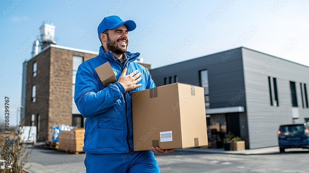 Aufkleber friendly logistics professional holding package with gesture in industrial setting conveying reliabi