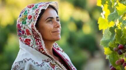Happy Portuguese Woman in Embroidered Shawl Celebrating Grape Harvest Festival at Rustic Vineyard