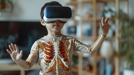 Asian Little boy with VR glasses studying Human body path simulation sciences at home,curious student wears a virtual reality headset to study science home online study futuristic