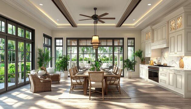 Modern kitchen with dining table, perfect for home design. A warm and inviting kitchen with a large dining table in the center of the room, ideal for gatherings or showcasing stylish home decor.