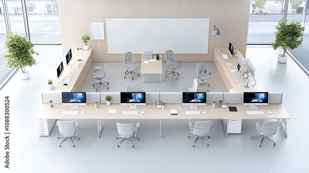 Leinwandbilder aerial perspective of a modern open plan office featuring neatly arranged computers on a long workst