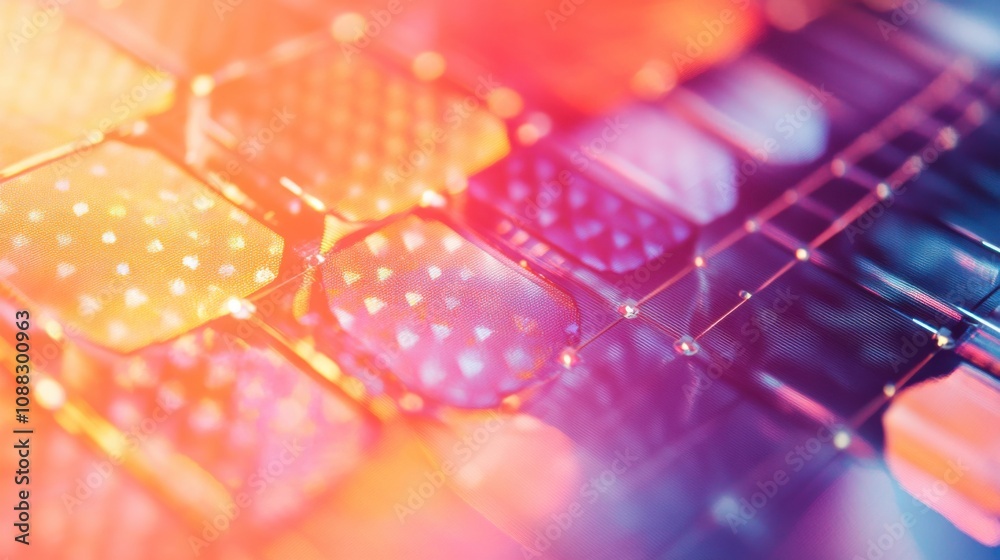 Poster An extreme close-up of a quantum dot solar cell structure, showing efficient light absorption and energy conversion capabilities, Solar technology style