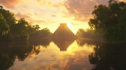 Fototapeta premium Majestic Mayan Temple at Sunset - Reflective Lake, Vibrant Sky, and Native Wildlife in Ultra-Detailed Image