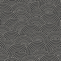 Fish-scale irregular mosaic background. Seamless Japanese style Half-circle grid dotted pattern. Oriental Asian wavy ornament. Abstract geometric monochrome vector texture. © Evgeniya Khudyakova