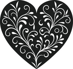 Floral Heart Silhouette with Decorative Swirls Vector Illustration