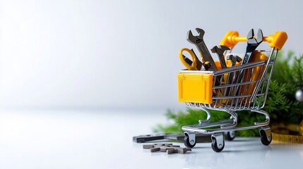 Close up image of a miniature shopping cart filled with essential repair tools and hardware supplies on a plain white background symbolizing practicality resourcefulness and DIY preparedness