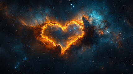 Fototapeta premium Colorful heart-shaped nebula in deep space with vibrant hues of pink, blue, and purple, surrounded by a cosmic background of stars and interstellar gas forming an ethereal and captivating scene