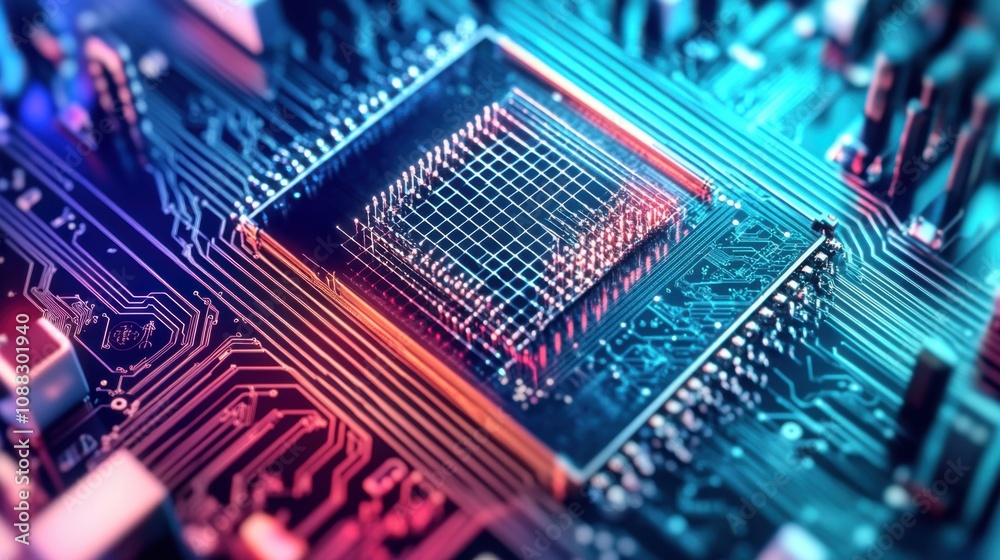 Poster An extreme close-up of a quantum processor chip, showing superconducting qubits and quantum computing architecture, Quantum computing style