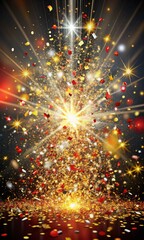 Obraz premium Stunning confetti explosion with golden highlights, sparkling lights, and festive energy for a wallpaper background.