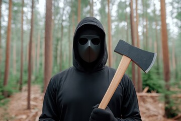 A hooded figure in a dark mask holding an axe, standing ominously in a dense forest.
