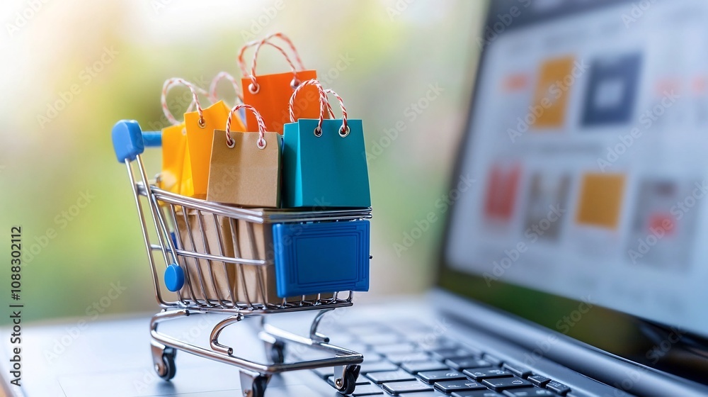 Poster miniature shopping cart overflowing with colorful shopping bags and labeled cardboard boxes set agai