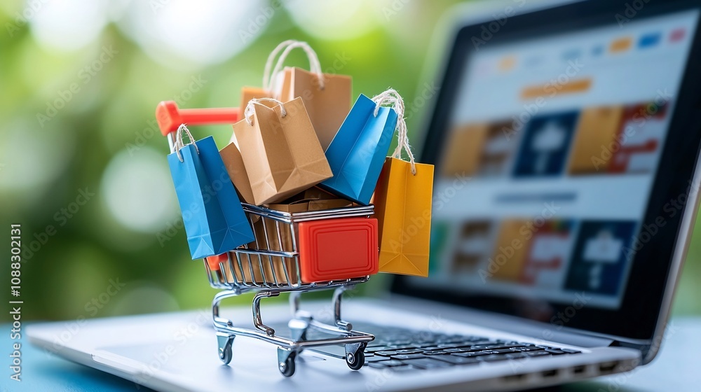 Poster Miniature shopping cart overflowing with colorful shopping bags and labeled cardboard boxes set against a laptop screen displaying an e commerce site