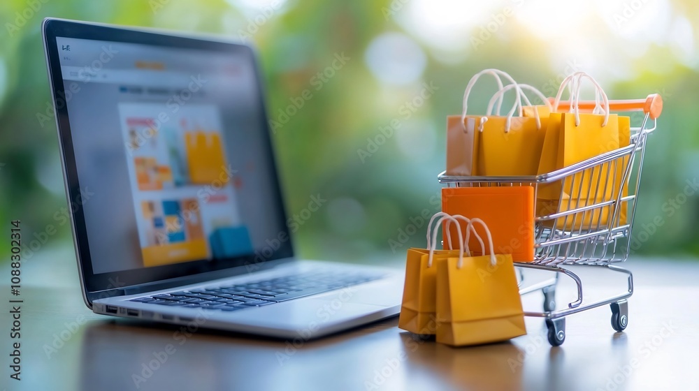 Poster Digital shopping cart filled with colorful mini bags and fragile boxes positioned in front of a laptop displaying an online store screen