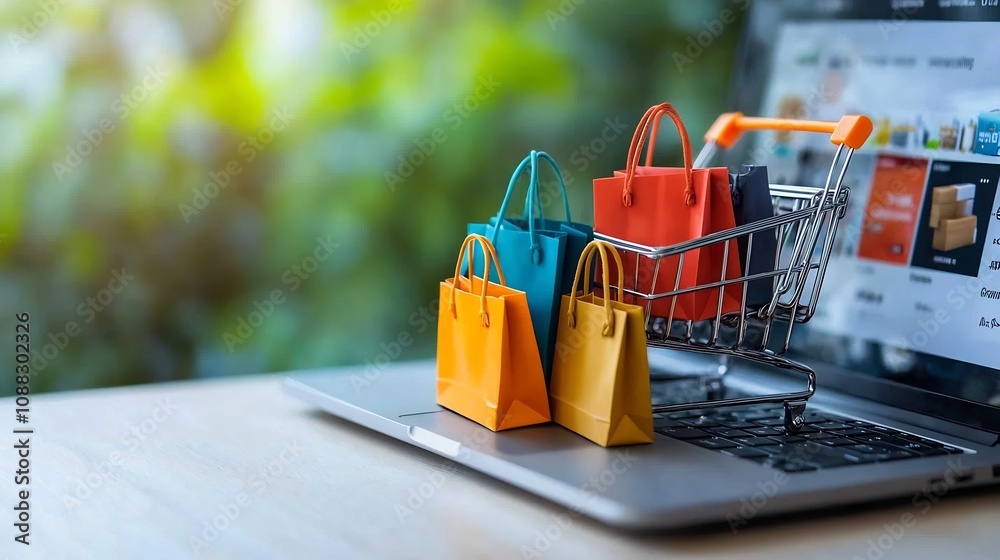 Poster shopping cart filled with bright mini bags and fragile boxes positioned in front of a laptop with an