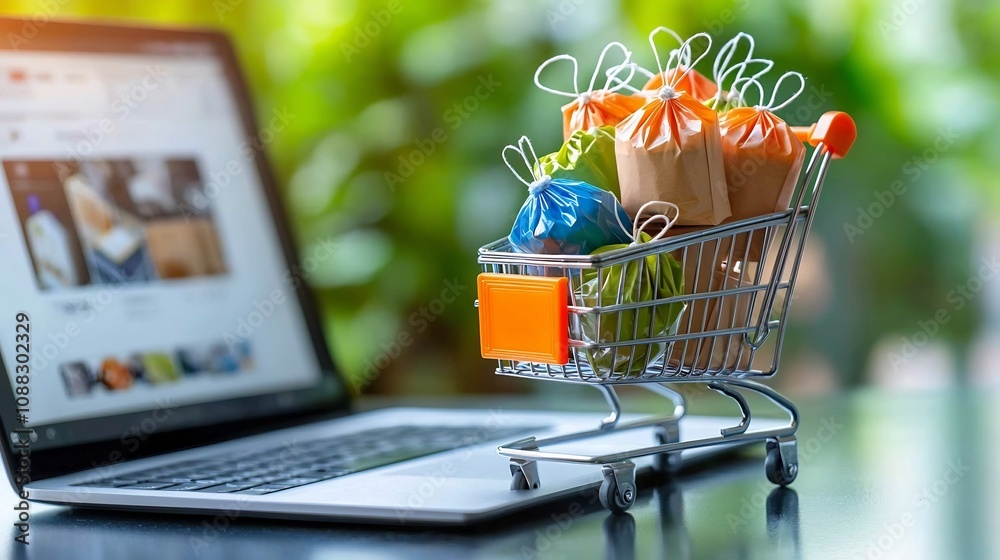 Poster vibrant shopping cart loaded with small colorful bags and fragile marked boxes against a laptop with