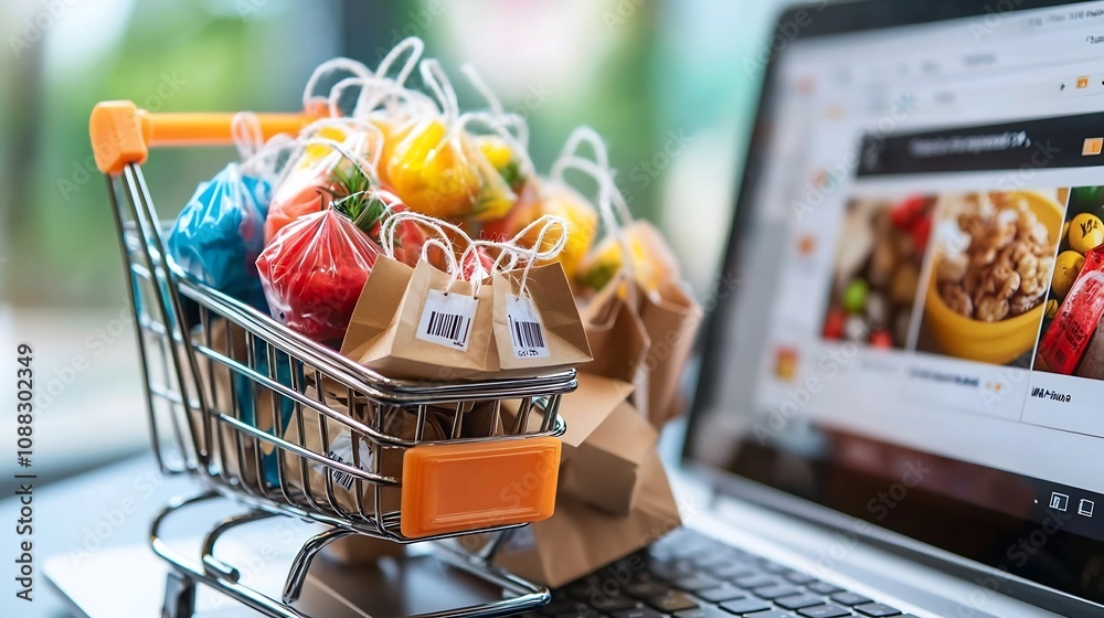 Poster vibrant shopping cart loaded with assortment of colorful bags and fragile marked boxes against lapto