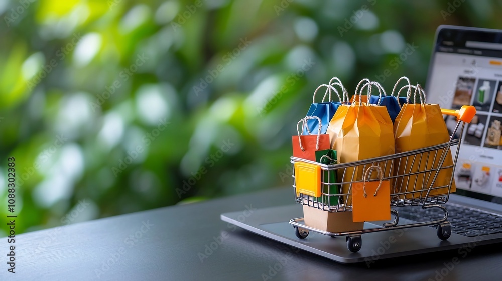 Leinwandbilder vibrant shopping cart filled with colorful bags and boxes labeled fragile set before a laptop displa