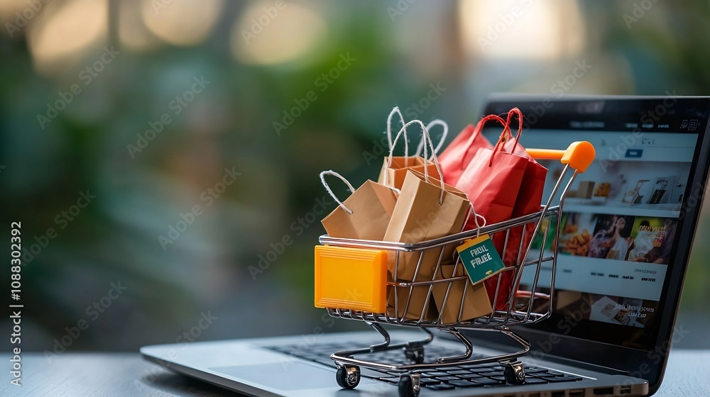 Poster Vibrant shopping cart filled with colorful bags and boxes labeled  Fragile  positioned in front of a laptop displaying an e commerce website