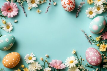 Happy Easter composition for easter design. Elegant Easter eggs and spring flowers on mint background. Flat lay, top view, copy space.