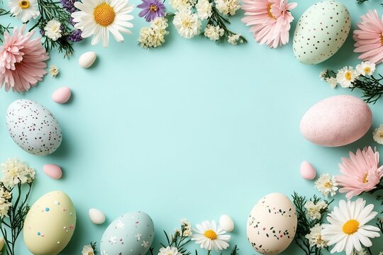 Happy Easter composition for easter design. Elegant Easter eggs and spring flowers on mint background. Flat lay, top view, copy space.