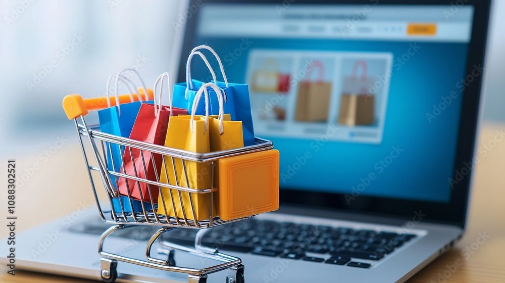 Poster Close up of a tiny shopping cart filled with colorful bags and delicate boxes placed in front of a laptop displaying an online retail website
