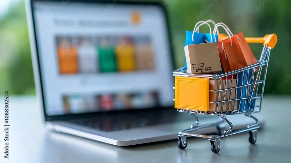 Aufkleber Close up of a tiny shopping cart packed with vibrant bags and fragile marked boxes placed in front of a laptop screen showcasing an online retail site