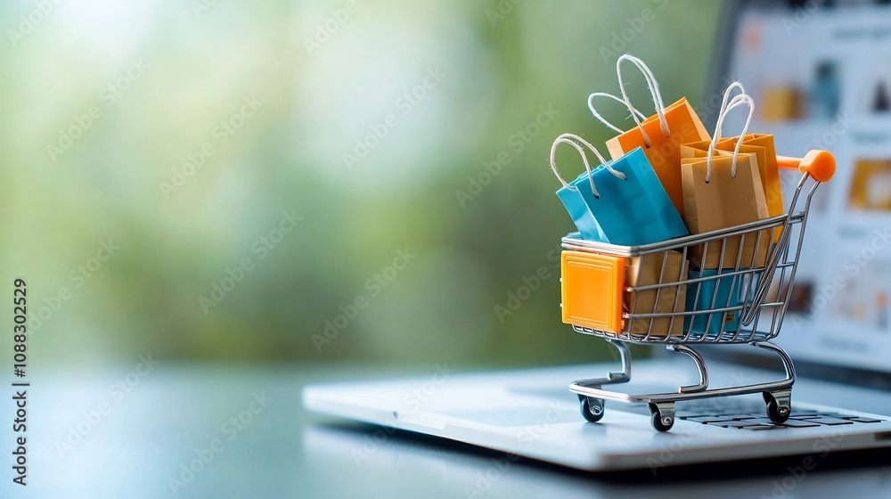 Poster Close up view of a tiny shopping cart filled with vibrant bags and fragile marked boxes placed in front of a laptop computer screen displaying an e commerce website