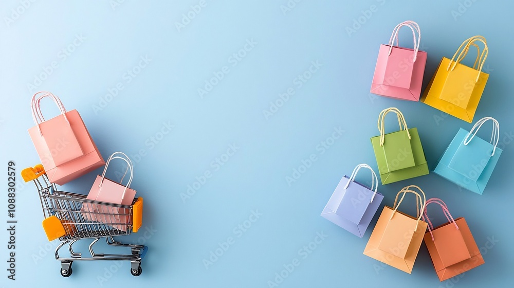 Poster minimalist pastel toned composition featuring a small shopping cart filled with colorful shopping ba