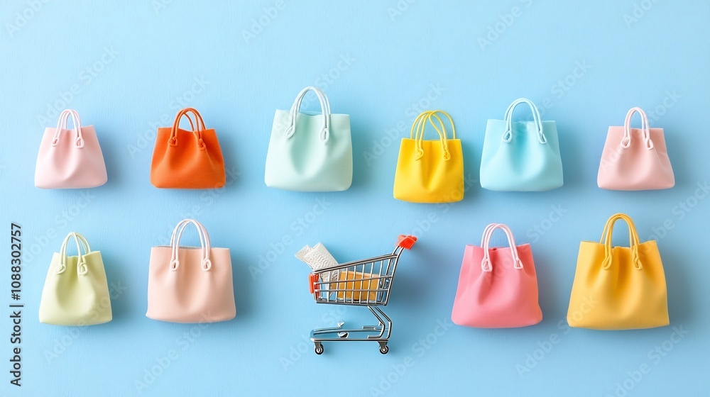 Aufkleber stylish and modern flat lay composition featuring a miniature shopping cart along with vibrant paste