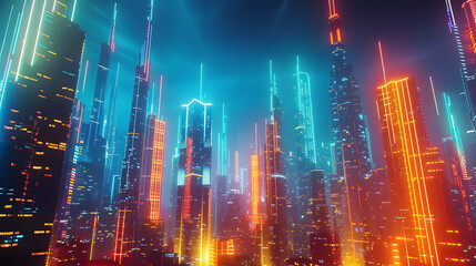 Fototapeta premium Beautiful neon future. Panorama of a futuristic city. Wallpaper in a cyberpunk style. 3D illustration. Huge futuristic skyscrapers glowing with neon light against the background
