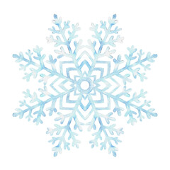 Blue snowflake. Hand drawn watercolor illustration for New Year holiday design. Element winter ornament. Christmas decoration in vintage stile. Isolated clipart for postcard, invitation, print