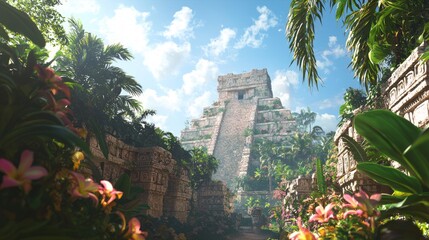 Obraz premium Serene Mayan Temple: Ancient Stonework Framed by Tropical Flowers Under Clear Blue Sky and Soft Sunlight - Ultra-Detailed Archaeological Image