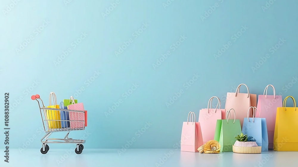 Poster pastel themed shopping scene with colorful cart and bags on soft blue background portraying a refres
