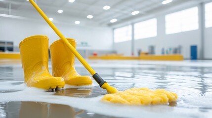 A pair of bright yellow rubber boots and a yellow mop make their way through soapy water on a flooded floor capturing the moment of domestic cleaning in vivid detail