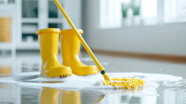 A pair of bright yellow rubber boots and a yellow mop make their way through soapy water on a flooded floor capturing the vivid moment of cleaning up a wet spill or overflow - Powered by Adobe