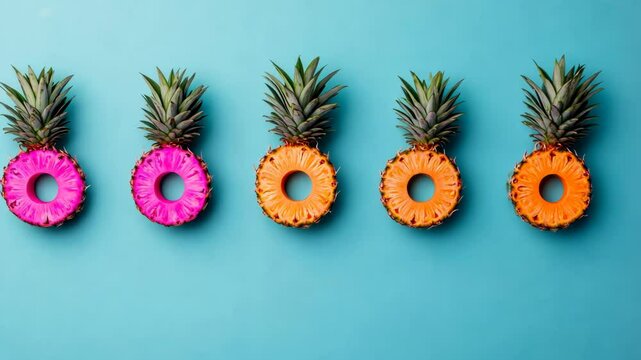 A flat lay composition featuring five pineapples