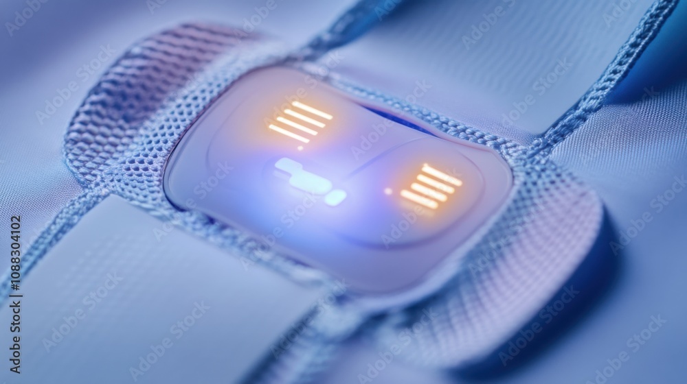 Poster an extreme close-up of a wearable biometric sensor patch, monitoring vital signs and health metrics 