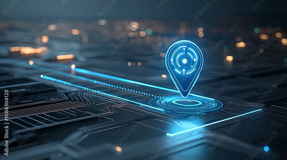 Aufkleber Glowing Blue Digital Location Pin Symbol with Futuristic Trail Represents GPS Navigation and Mapping Technology on Dark Abstract Background  Visualizing Technological Guidance Movement