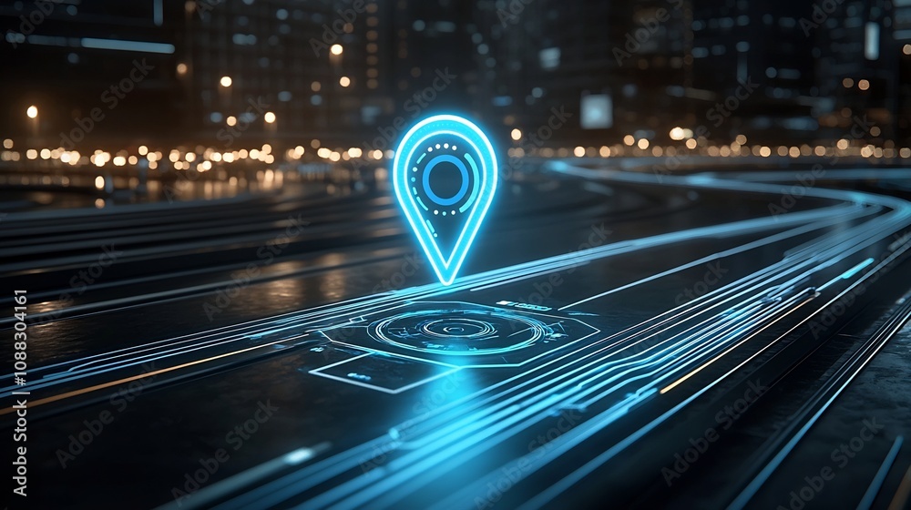 Aufkleber Glowing blue digital location pin symbol with a futuristic tech trail representing GPS navigation and spatial positioning on a dark abstract background