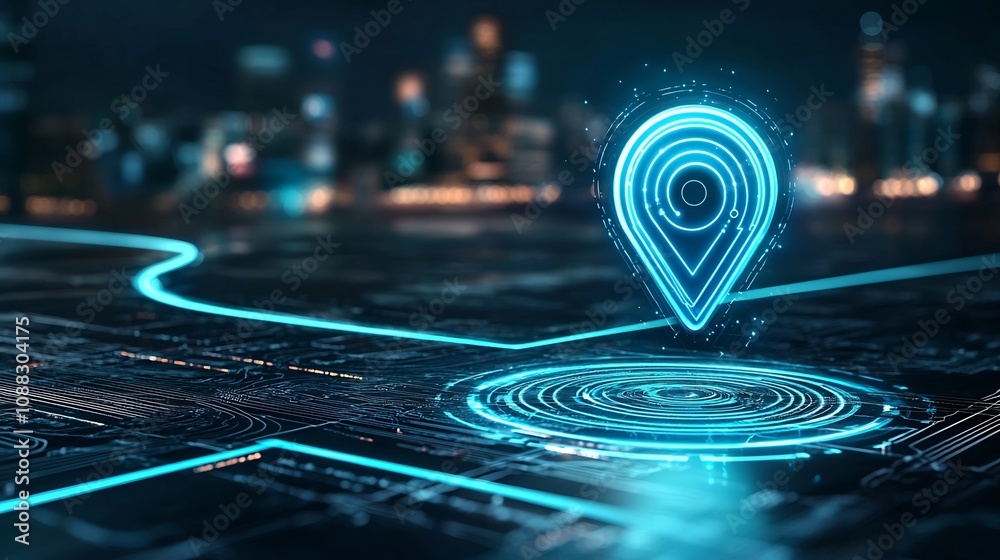 Fototapete Glowing blue digital location pin symbol with a futuristic trail representing GPS navigation and spatial positioning technology on a dark abstract background