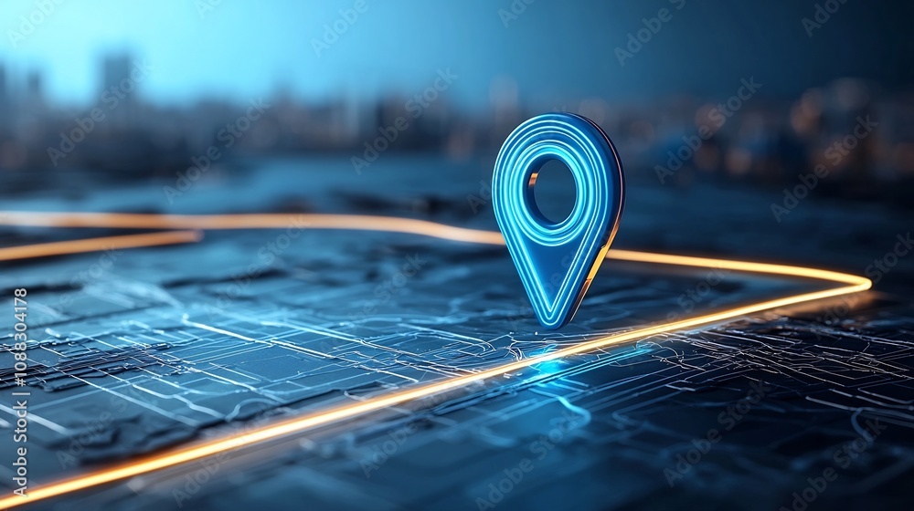 Aufkleber Futuristic blue map marker with a neon light trail symbolizing modern navigation and route tracking technology on a deep blue backdrop  The image represents the future of digital mapping